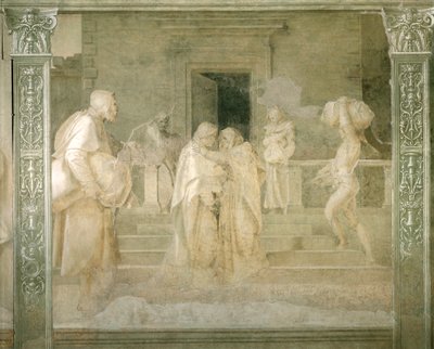 Visita della Vergine a Elisabetta, dettaglio da Storie della Vergine di Andrea del Sarto, affresco in monocromo, Chiostro dello Scalzo, Firenze da Andrea del Sarto