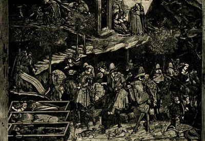 Cavalcata, (dettaglio) dal Trionfo della Morte, affresco di Andrea Orcagna, Pisa, Toscana, Italia, xilografia da Le cento città d