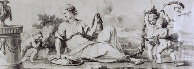 Figura femminile con putti, composizione allegorica, ca 1754, disegno di Andrea Appiani (1754-1817) per cassettone-scrittoio di Giuseppe Maggiolini, Italia da Andrea the Elder Appiani