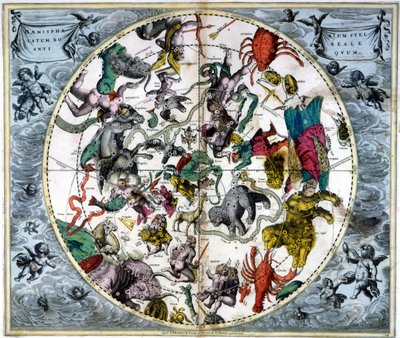Mappa del cielo e segni dello zodiaco - facsimile di una composizione antica che rappresenta le costellazioni del cielo settentrionale, basata su 