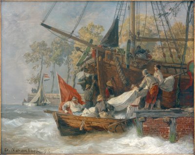 Ingresso del porto con mare tempestoso da Andreas Achenbach