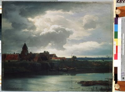 Paesaggio di villaggio su un fiume da Andreas Achenbach