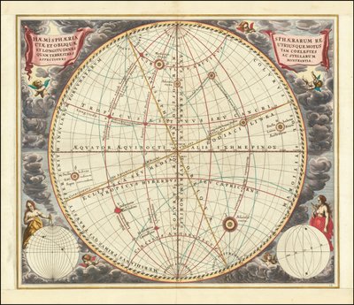 Carta celeste del 1660 che illustra i moti della sfera verticale (sistema di coordinate equatoriali) e della sfera obliqua (sistema di coordinate eclittiche). da Andreas Cellarius