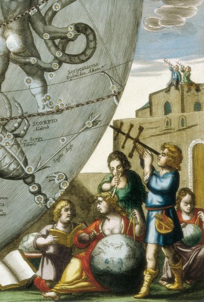 Scienziati (astrologi e astronomi) che studiano globi e la carta del cielo, dettaglio dall