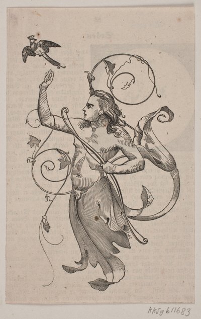 Genio con arco nella mano sinistra e mano destra alzata verso un uccello incoronato da Andreas Flinch