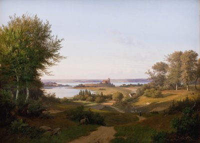 Vista della collina al Castello di Skanderborg, Jutland, e il memoriale a Federico VI da Andreas Juuel