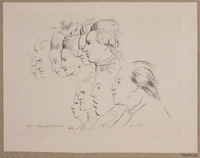 10 ritratti: Enevold Brandt, Johann Friedrich Struensee, Caroline Mathilde, Julieane Marie, Arveprins Frederik, Christian VII, Marie Jeanne Clemens, J. F. Clemens, Jens Juel e Nicolai Abildgaard da Andreas Peter Madsen