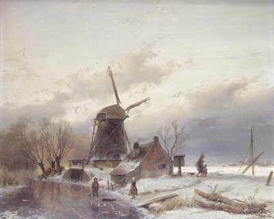 Paesaggio fluviale ghiacciato con mulino a vento da Andreas Schelfhout