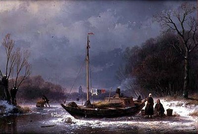 Contadini vicino a una barca su un fiume ghiacciato da Andreas Schelfhout