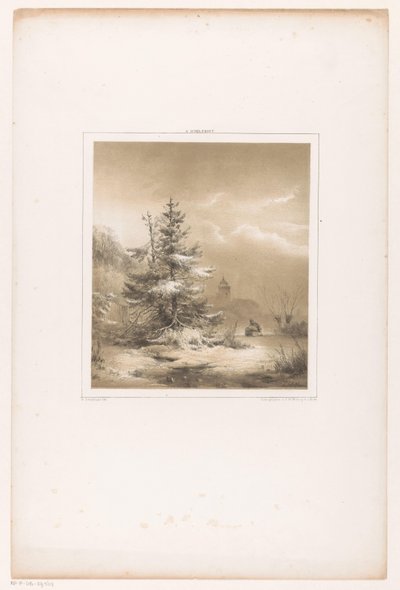 Paesaggio invernale con pini e uomo con slitta da Andreas Schelfhout