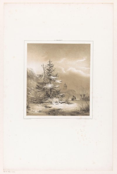 Paesaggio invernale con pini e uomo con slitta da Andreas Schelfhout