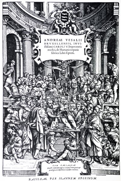 Pagina del titolo della seconda edizione del De Humani Corporis Fabrica, Tavola 3, 1555 da Andreas Vesalius