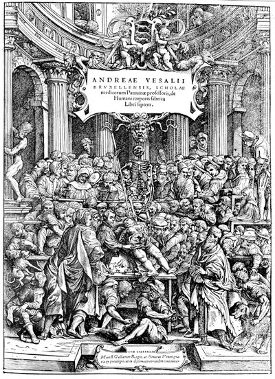 Pagina del titolo di Andreas Vesalius De Humani Corporis Fabrica, che mostra Vesalius che disseziona un corpo, 1543 da Andreas Vesalius
