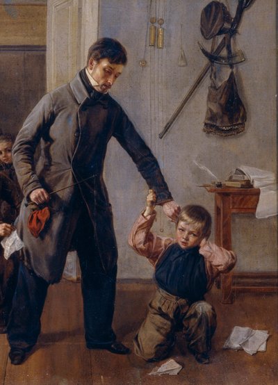 A scuola. Un maestro di una scuola di campagna afferra un ragazzo per l