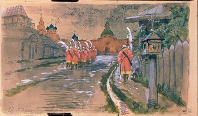 Pattuglia di strelets alla porta Ilyinsky nella vecchia Mosca da Andrei Petrovich Ryabushkin
