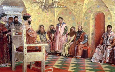 Lo zar Mikhail Fyodorovich con i boiardi nella sua stanza da Andrei Petrovich Ryabushkin