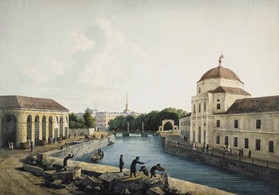 Veduta del fiume Moika presso le scuderie imperiali, San Pietroburgo, Russia, 1809 da Andrej Martynoff