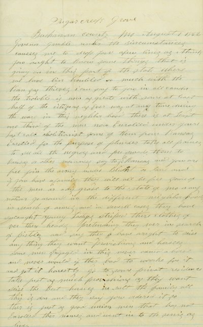 Lettera firmata Andrew Brownlow, Contea di Buchanan, Mo., al Governatore Gamble [Hamilton R. Gamble], 1 agosto 1862 da Andrew Brownlow