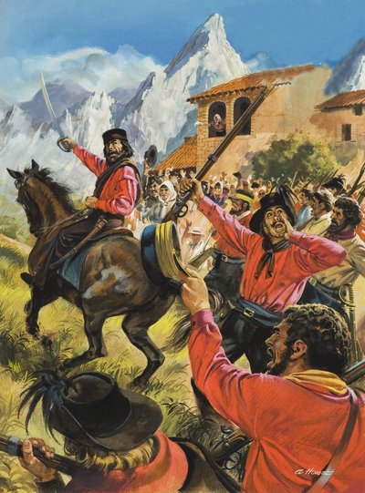 Guiseppe Garibaldi (1807-82) e il suo esercito nella battaglia con le truppe reali napoletane (gouache su carta) da Andrew Howat