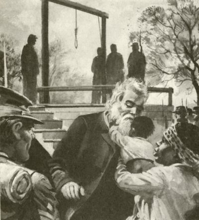 John Brown sulla via del patibolo si ferma a baciare un bambino negro (litografia) da Andrew Howat