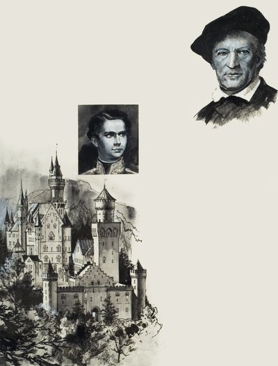 Ludwig II di Baviera e il suo castello di Neuschwanstein (gouache su carta) da Andrew Howat
