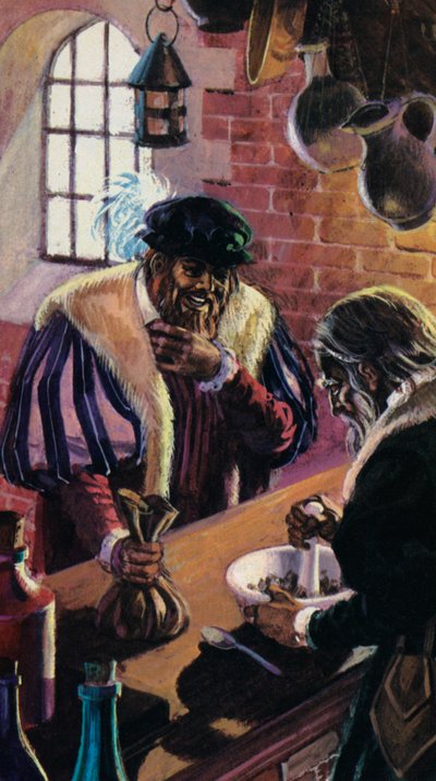 Acquisto del corno di unicorno in polvere nel Medioevo (litografia a colori) da Andrew Howat