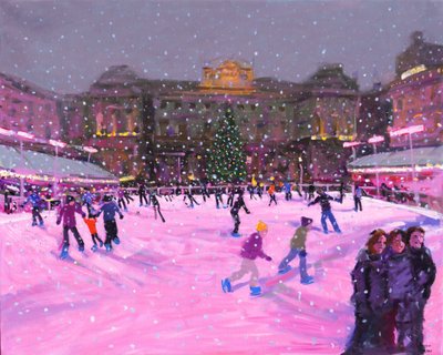 Pattinaggio di Natale, Somerset House con luci rosa da Andrew Macara
