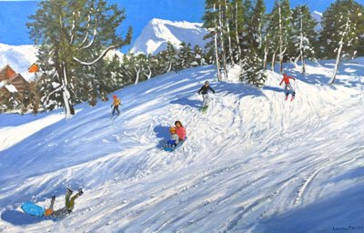 Slitta e sci, Les Arcs, Francia, 2023 (olio su tela) da Andrew Macara