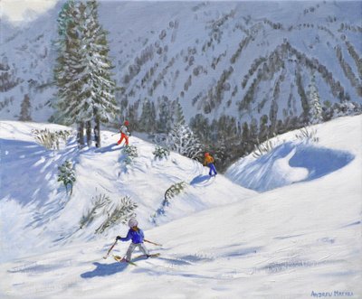 Tre sciatori, Kitzbuehel, Austria, 2024 (olio su tela) da Andrew Macara