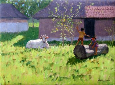 Mucca bianca e due bambini, Isola di Mankotta, Kerala, India da Andrew Macara
