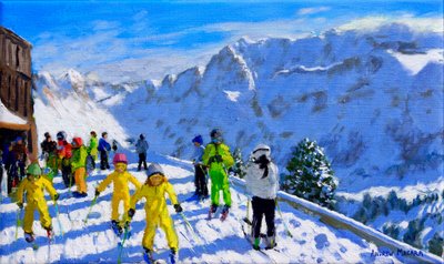 Giovani sciatori in giallo, Val Gardena, Italia da Andrew Macara