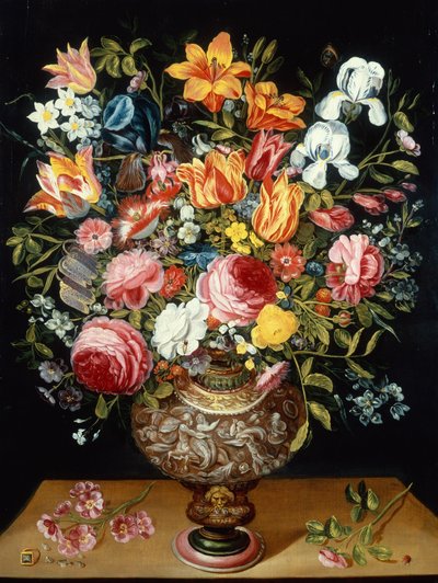 Rose, tulipani, narcisi, iris e altri fiori in un