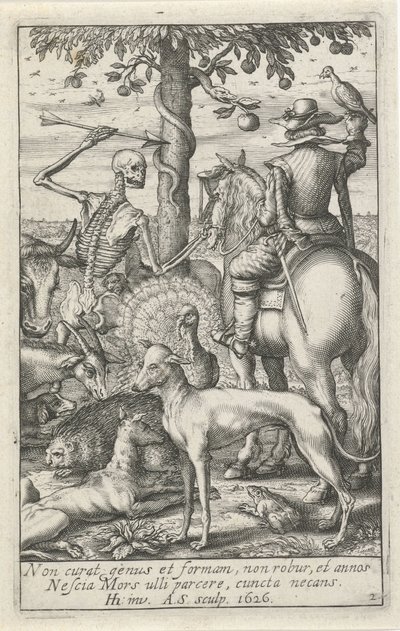 Scheletro con freccia e falconiere, tra animali da Andries Jacobsz. Stock