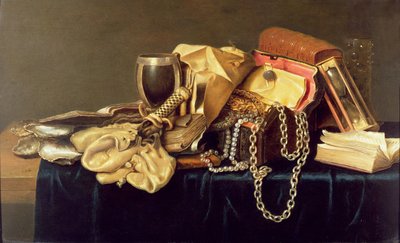 Natura morta con un cofanetto di gioielli, libri e ostriche da Andries Vermeulen