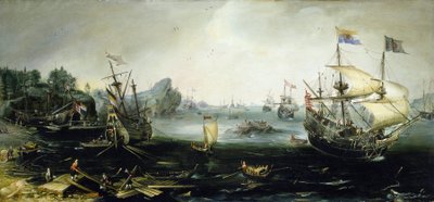 Navi olandesi che caricano un carico di legname in un fiordo scandinavo da Andries van Eertvelt