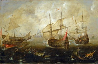 Manovra tra navi britanniche (a destra) e spagnole, le barche si avvicinano, sembrano cariche pesantemente, probabilmente di soldati da Andries van Eertvelt