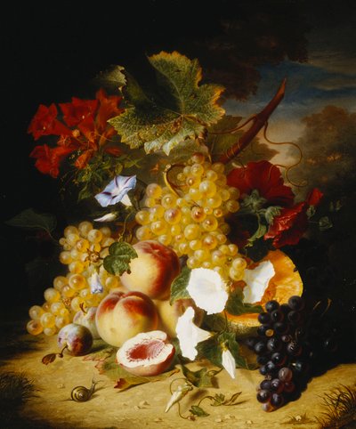 Pesche, uva, un melone, convolvoli e altri fiori in un paesaggio da Ange Louis Guillaume Lesourd Beauregard