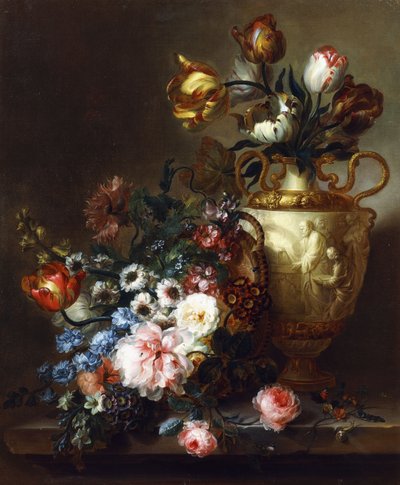 Tulipani in un vaso e rose in un cesto su un bordo di pietra da Ange Louis Guillaume Lesourd Beauregard