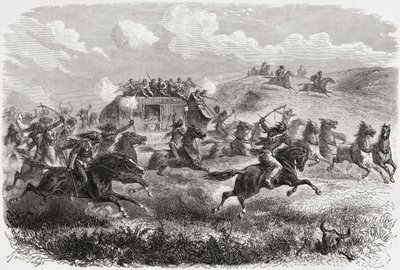 Indiani che attaccano una diligenza transcontinentale nel 1867, illustrazione da 