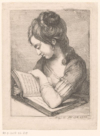 Giovane donna che legge a un tavolo, con il gomito appoggiato su un libro da Angelica Kauffmann