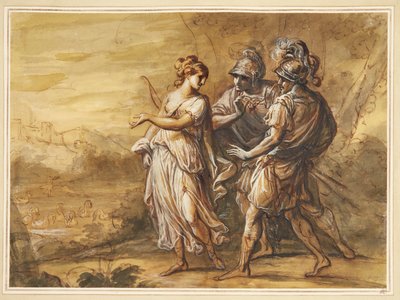 Scena mitologica. Giovane donna con arco si volta verso due uomini armati da Angelica Kauffmann