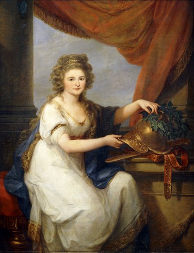 Ritratto della contessa Caterina Skavronska, seduta a tre quarti di lunghezza, in abito neoclassico, accanto a una tenda drappeggiata, adornando un elmo, con la scritta "Potemkin Taurico", con una corona, 1789 da Angelica Kauffmann