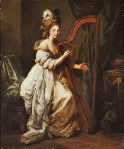 Ritratto di Elizabeth Ewer, a figura intera, seduta in un vestito bianco con uno scialle giallo, suonando un