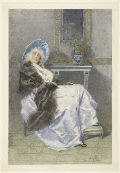 Giovane donna seduta con scialle nero e gonna viola da Angelo Achini
