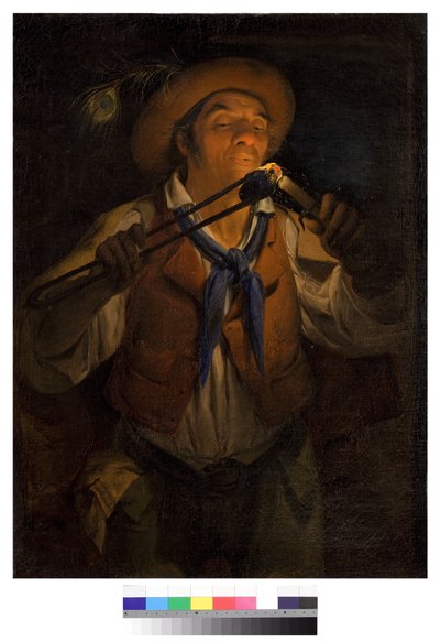 Contadino che accende una candela con una brace, 1850 da Angelo Inganni