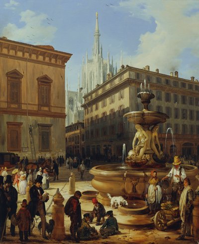 Veduta di strada a Milano, con il Duomo sullo sfondo da Angelo Inganni