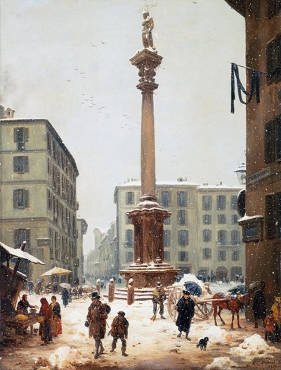 La colonna del Redentore al Verziere vista dalla vecchia via di San Bernardino a Milano da Angelo Inganni