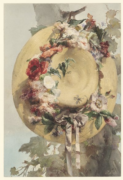 Cappello di paglia con rose, garofani e fiordalisi da Angelo Rossi