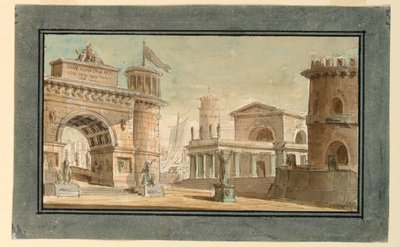 Progetto scenografico, gruppo di edifici vicino al porto da Angelo Toselli