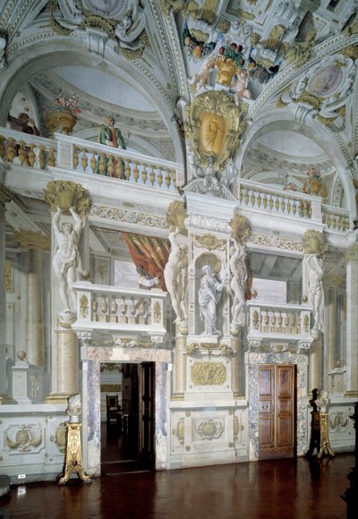 Vista interna di una sala riunioni ufficiale decorata con affreschi di Angelo Michele Colonna e Agostino Mitelli da Angelo and Mitelli Agostino Colonna